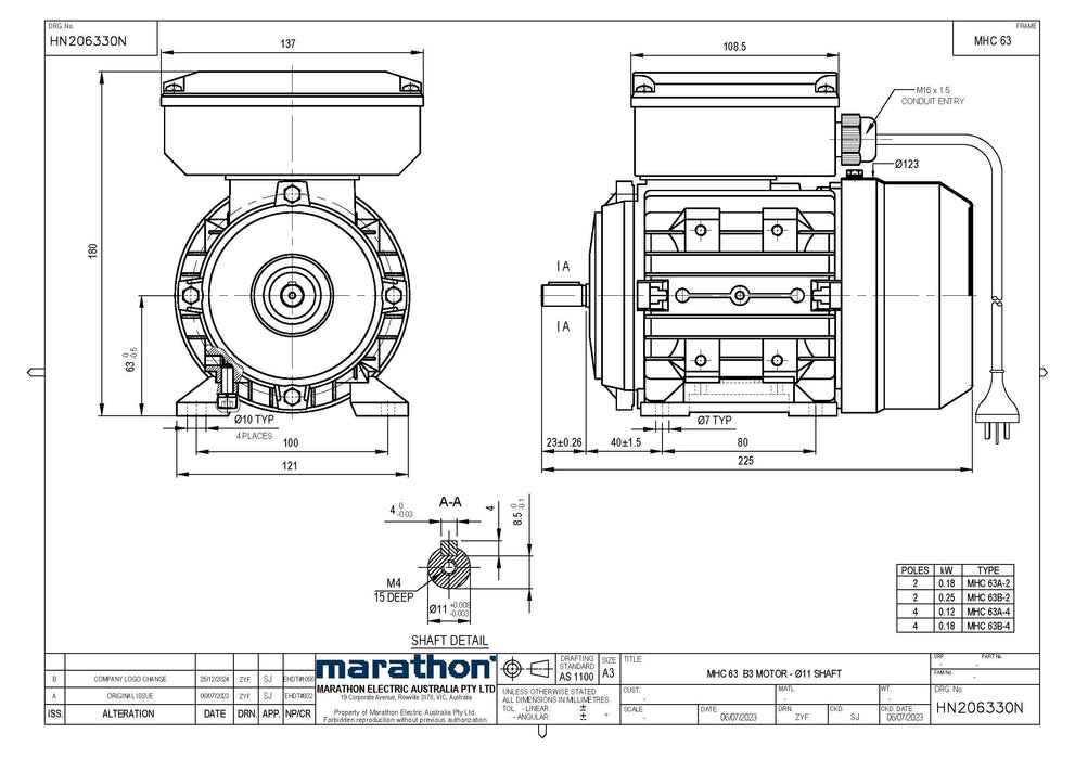 0.18KW CMG MARATHON SINGLE PHASE 240V 2POLE (2900RPM) FOOT MOUNT MOTOR