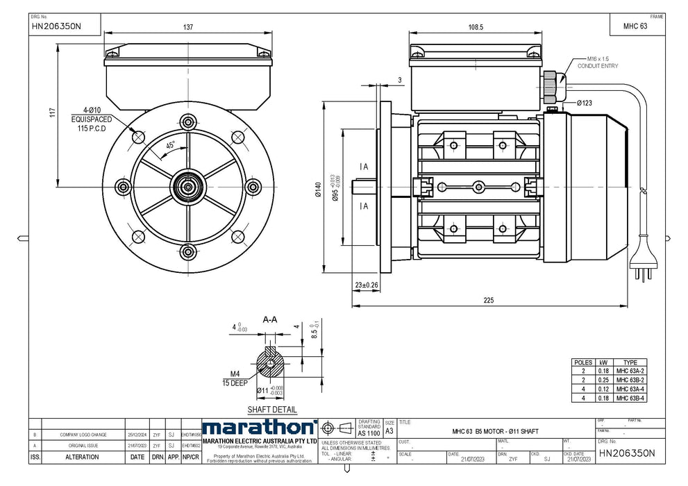 0.18KW CMG MARATHON SINGLE PHASE 240V 4POLE (1400RPM) FOOT/FLANGE MOUNT MOTOR