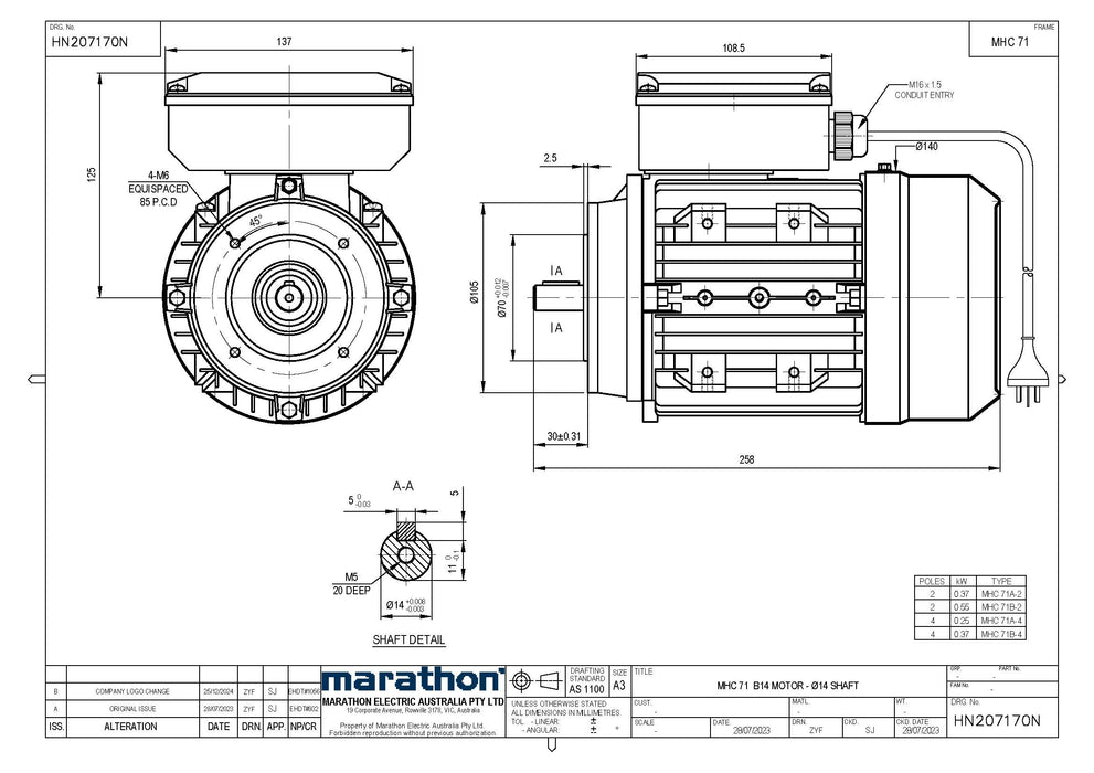 0.37KW CMG MARATHON SINGLE PHASE 240V 2POLE (2900RPM) B14A FLANGE MOUNT MOTOR