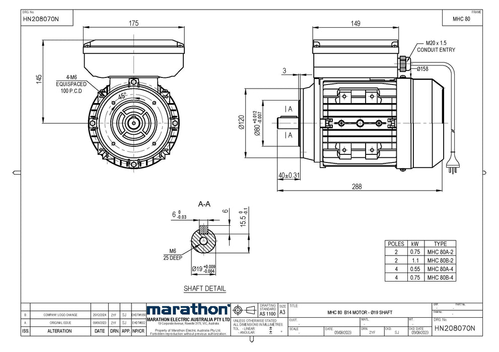0.75KW CMG MARATHON SINGLE PHASE 240V 2POLE (2900RPM) B14A FLANGE MOUNT MOTOR