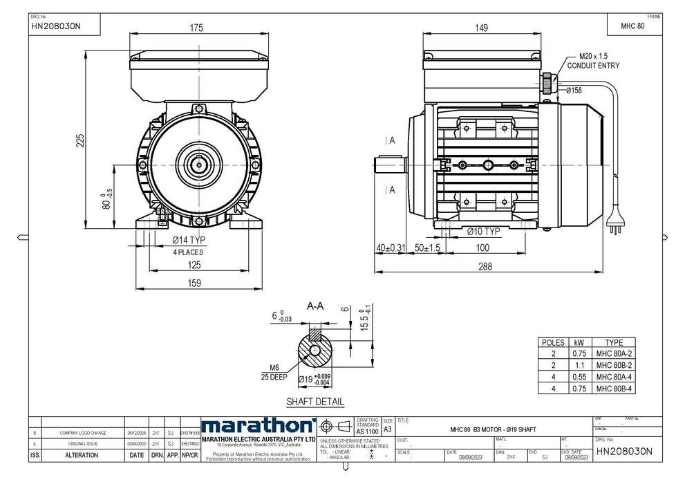 0.75KW CMG MARATHON SINGLE PHASE 240V 2POLE (2900RPM) FOOT MOUNT MOTOR