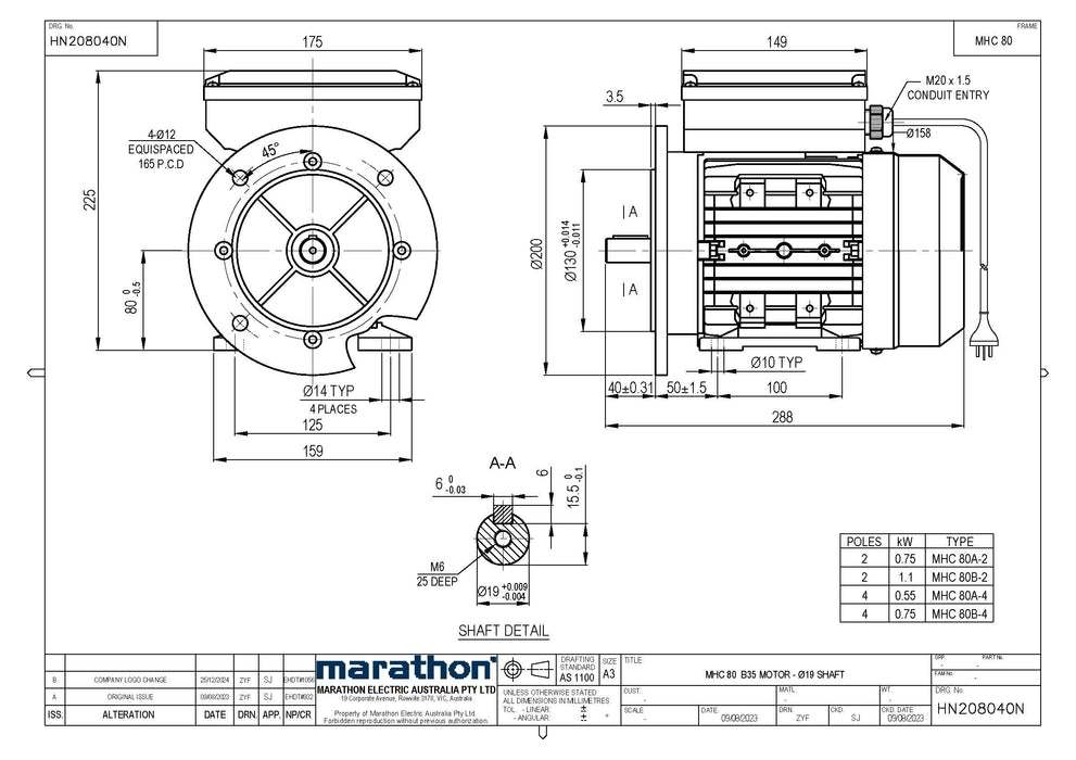 1.1KW CMG MARATHON SINGLE PHASE 240V 2POLE (2900RPM) FOOT/FLANGE MOUNT MOTOR