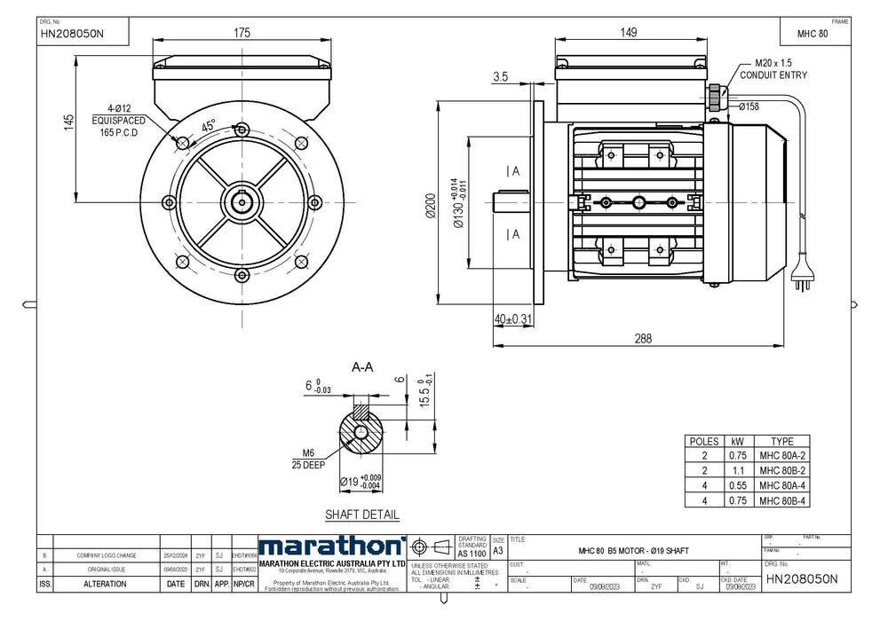 0.75KW CMG MARATHON SINGLE PHASE 240V 2POLE (2900RPM) FLANGE MOUNT MOTOR