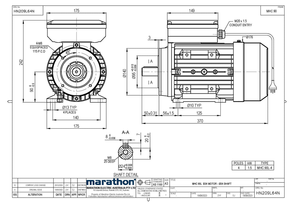 2.2KW CMG MARATHON SINGLE PHASE 240V 2POLE (2900RPM) B14A FLANGE MOUNT MOTOR