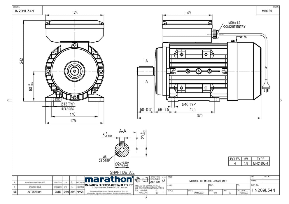 2.2KW CMG MARATHON SINGLE PHASE 240V 2POLE (2900RPM) FOOT MOUNT MOTOR