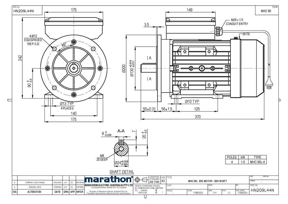 2.2KW CMG MARATHON SINGLE PHASE 240V 2POLE (2900RPM) FOOT/FLANGE MOUNT MOTOR