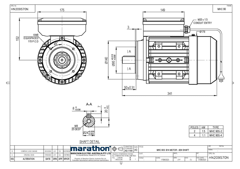 1.5KW CMG MARATHON SINGLE PHASE 240V 2POLE (2900RPM) B14A FLANGE MOUNT MOTOR