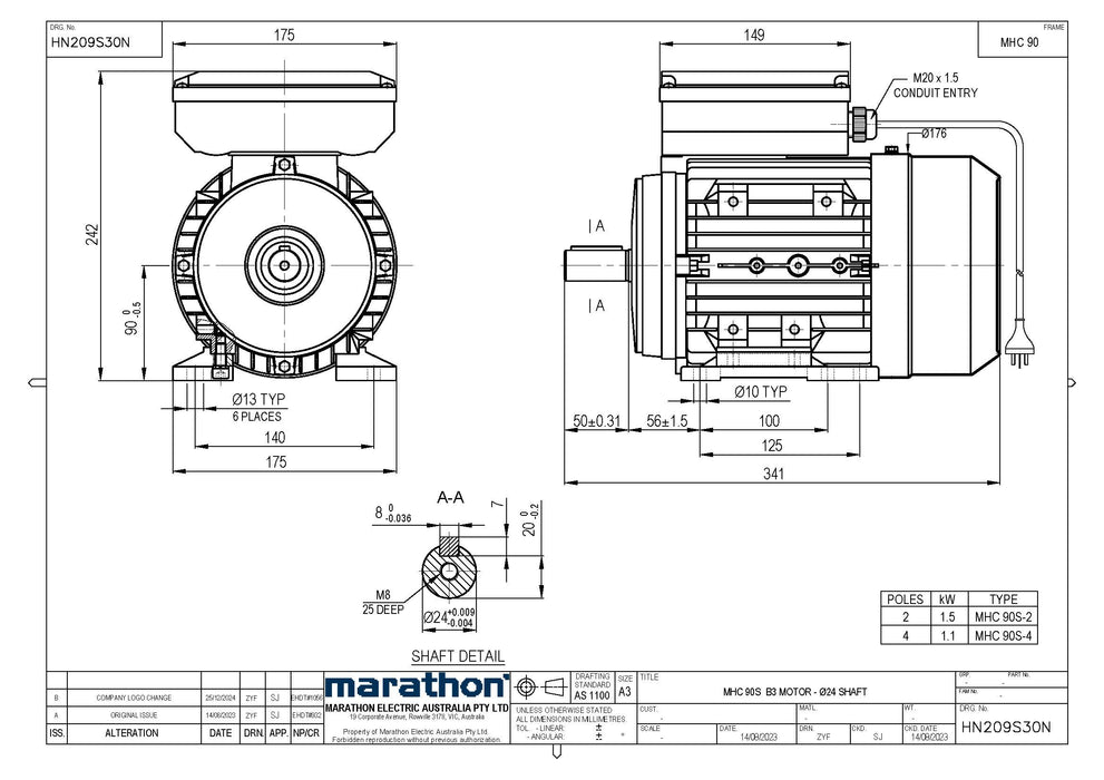 1.1KW CMG MARATHON SINGLE PHASE 240V 4POLE (1400RPM) FOOT MOUNT MOTOR