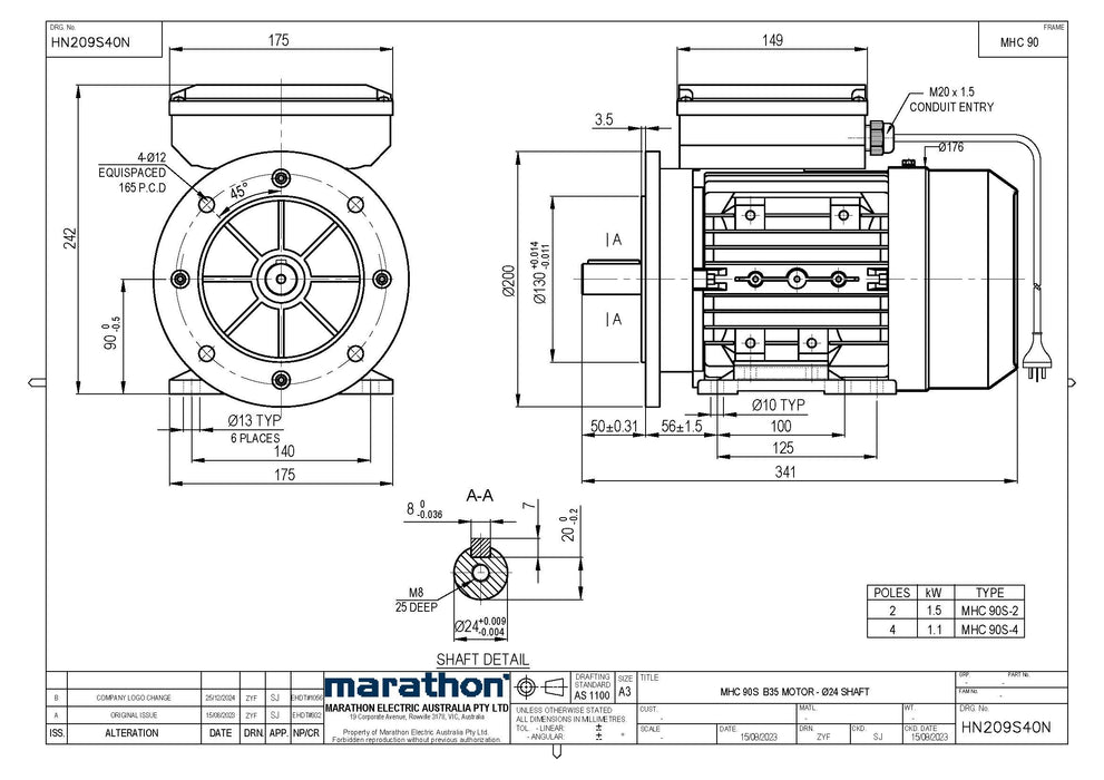 1.5KW CMG MARATHON SINGLE PHASE 240V 2POLE (2900RPM) FOOT/FLANGE MOUNT MOTOR