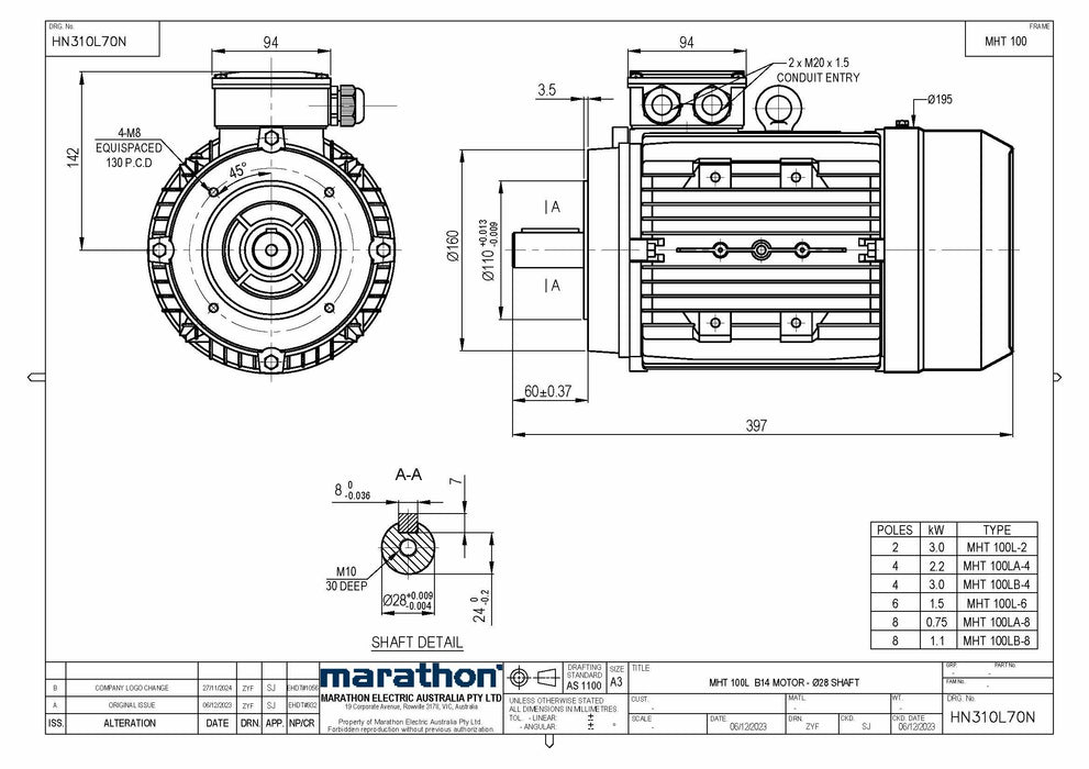 1.5KW CMG MARATHON MHT THREE PHASE 415V 6POLE (900RPM) B14A FLANGE MOUNT MOTOR
