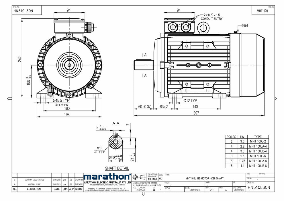 1.5KW CMG MARATHON MHT THREE PHASE 415V 6POLE (900RPM) FOOT MOUNT MOTOR