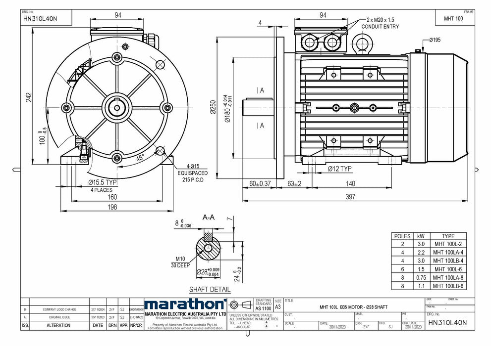 3.0KW CMG MARATHON MHT THREE PHASE 415V 4POLE (1400RPM) B14A FLANGE MOUNT MOTOR