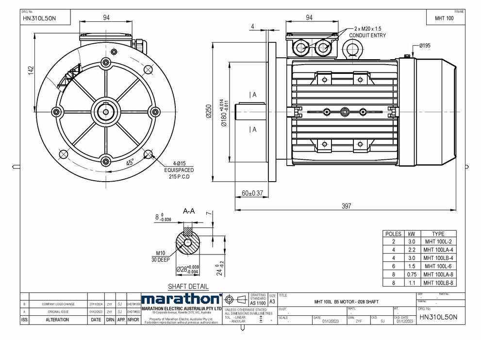 1.5KW CMG MARATHON MHT THREE PHASE 415V 6POLE (900RPM) FLANGE MOUNT MOTOR