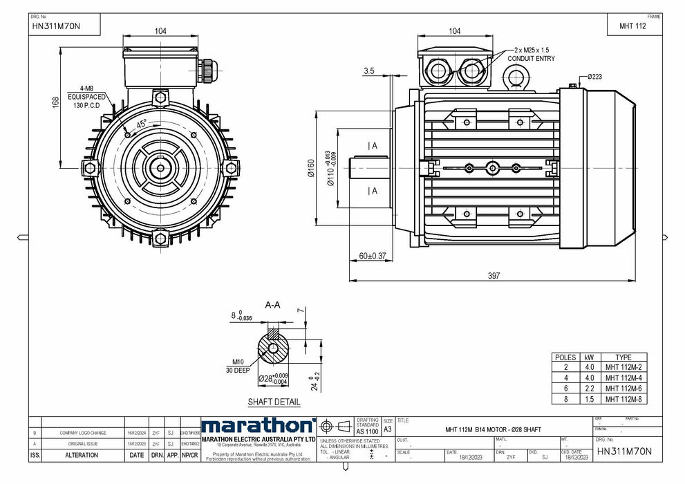 2.2KW CMG MARATHON MHT THREE PHASE 415V 6POLE (900RPM) B14A FLANGE MOUNT MOTOR
