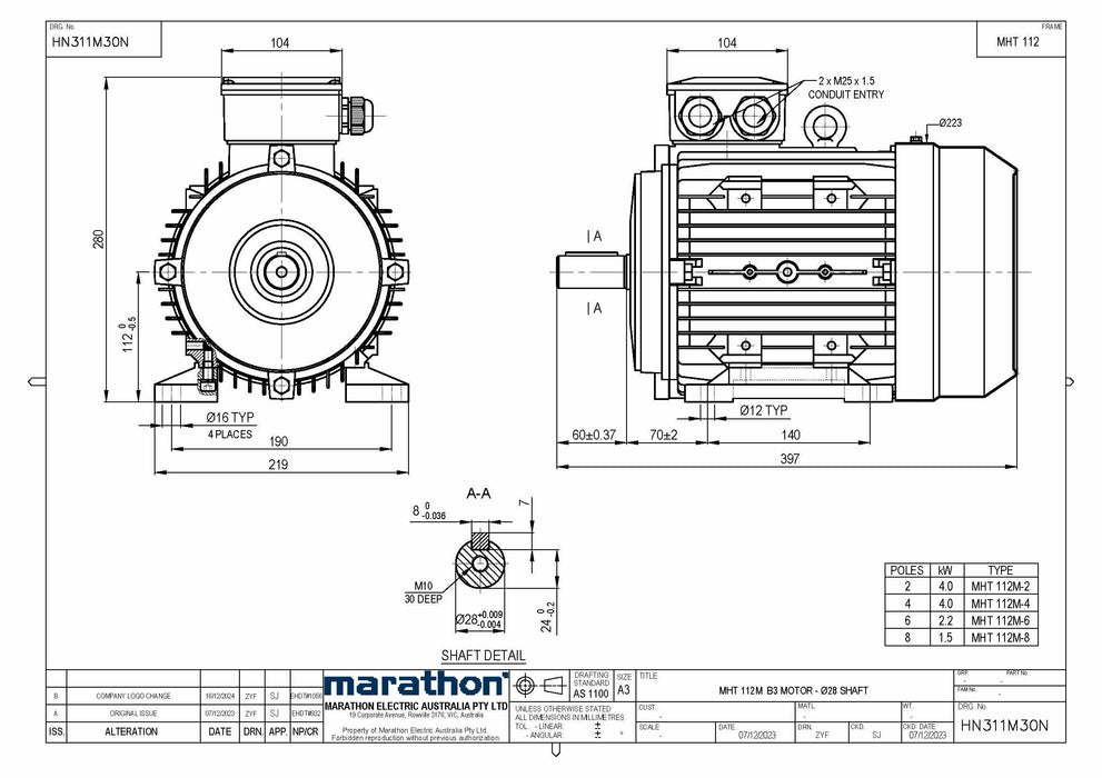 2.2KW CMG MARATHON MHT THREE PHASE 415V 6POLE (900RPM) FOOT MOUNT MOTOR