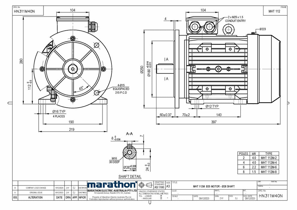 4.0KW CMG MARATHON MHT THREE PHASE 415V 4POLE (1400RPM) FOOT/FLANGE MOUNT MOTOR