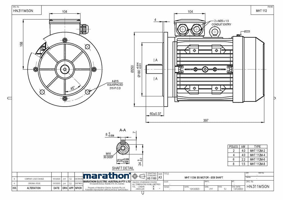 2.2KW CMG MARATHON MHT THREE PHASE 415V 6POLE (900RPM) FLANGE MOUNT MOTOR