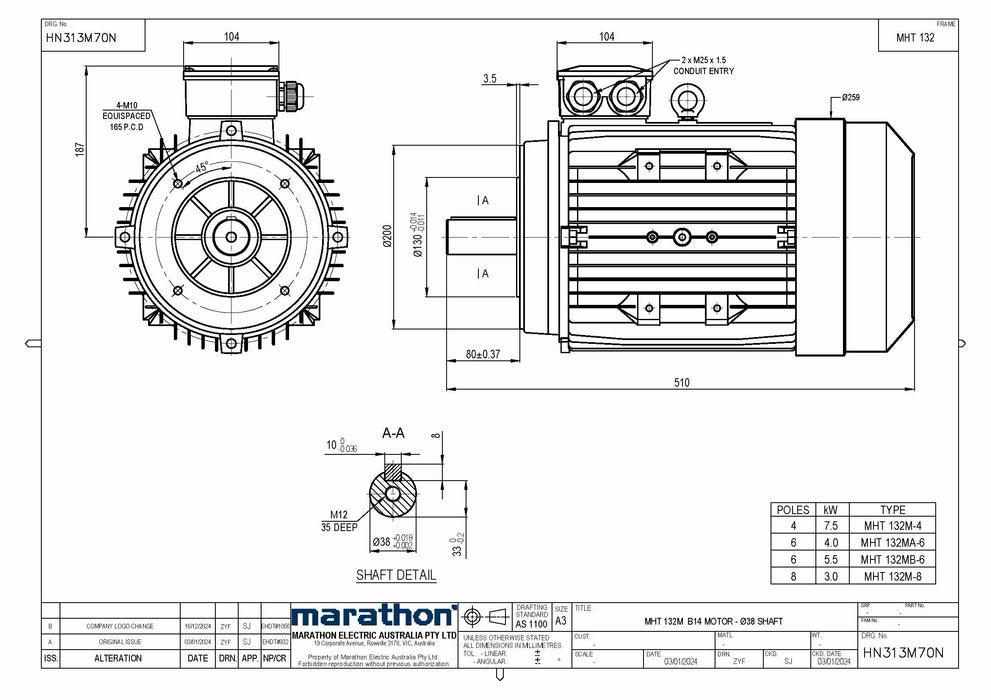 7.5KW CMG MARATHON MHT THREE PHASE 415V 2POLE (2900RPM) B14A FLANGE MOUNT MOTOR