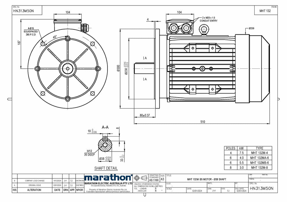5.5KW CMG MARATHON MHT THREE PHASE 415V 6POLE (900RPM) FLANGE MOUNT MOTOR