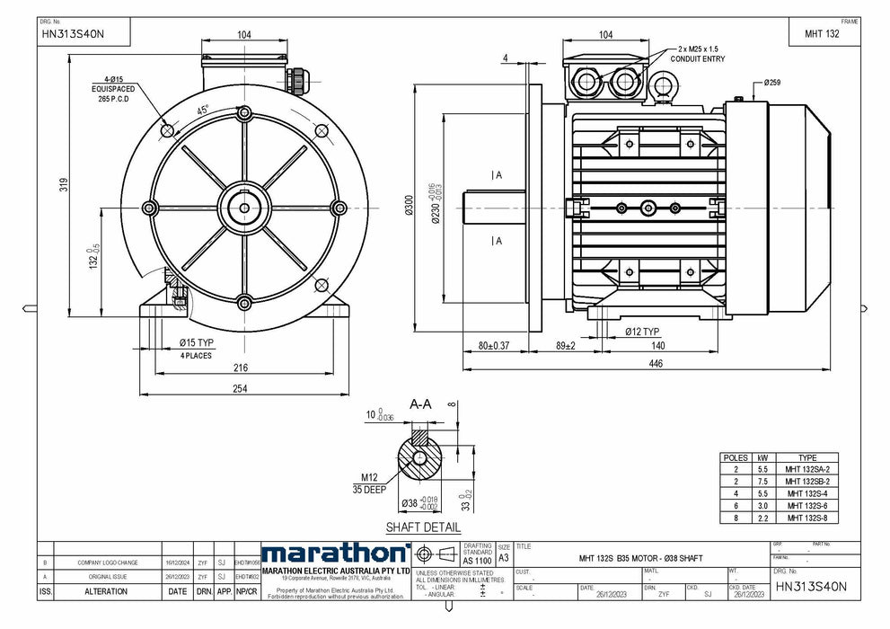 3.0KW CMG MARATHON MHT THREE PHASE 415V 6POLE (900RPM) FOOT/FLANGE MOUNT MOTOR