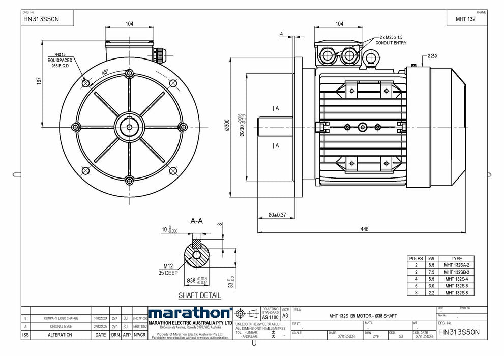 5.5KW CMG MARATHON MHT THREE PHASE 415V 4POLE (1400RPM) FLANGE MOUNT MOTOR