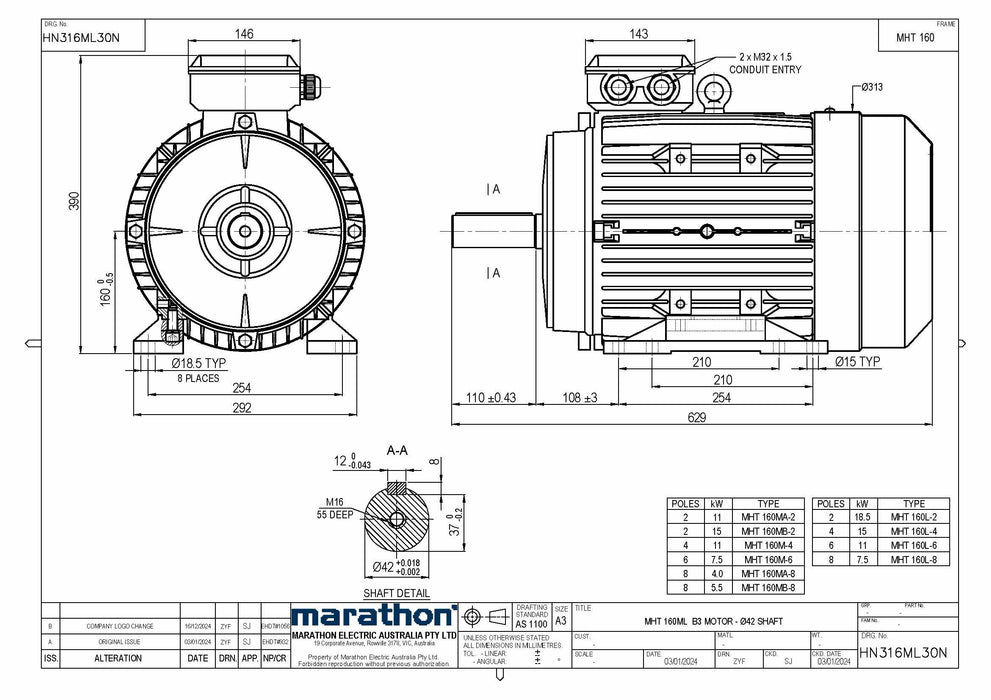 15KW CMG MARATHON MHT THREE PHASE 415V 4POLE (1400RPM) FOOT MOUNT MOTOR