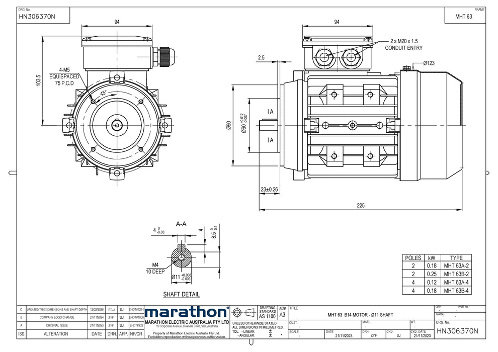 0.18KW CMG MARATHON MHT THREE PHASE 415V 4POLE (1400RPM) FOOT/B14A FLANGE MOUNT MOTOR