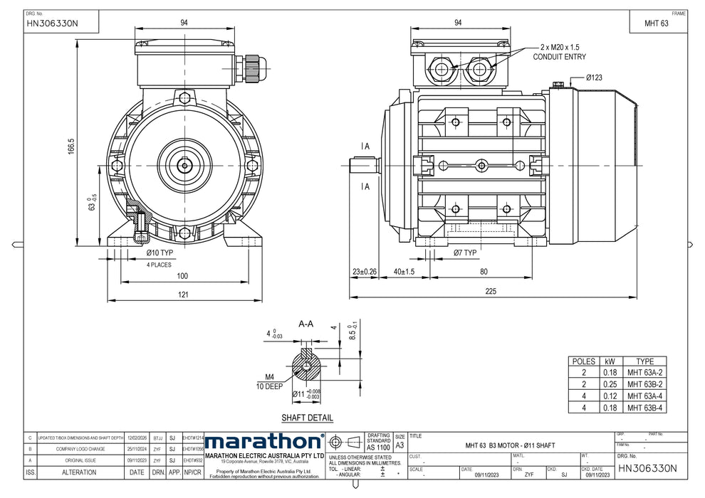0.18KW CMG MARATHON MHT THREE PHASE 415V 4POLE (1400RPM) FOOT MOUNT MOTOR