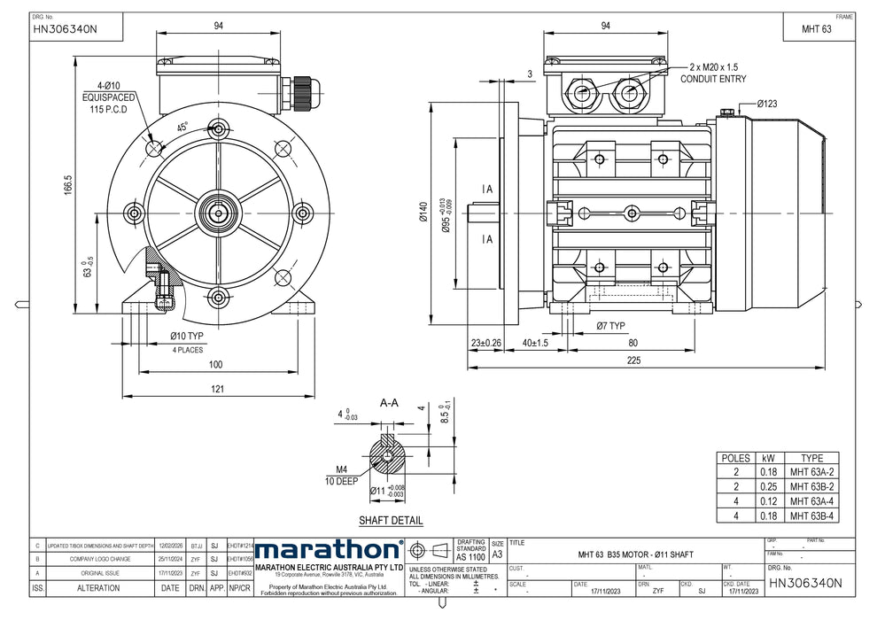 0.18KW CMG MARATHON MHT THREE PHASE 415V 4POLE (1400RPM) FOOT/FLANGE MOUNT MOTOR