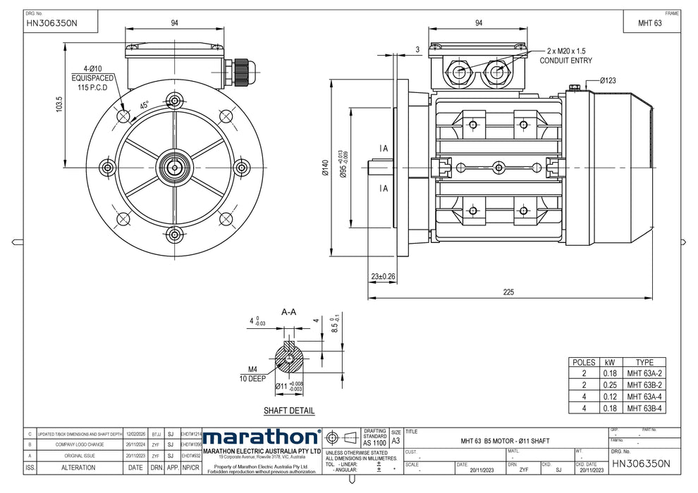 0.18KW CMG MARATHON MHT THREE PHASE 415V 4POLE (1400RPM) FLANGE MOUNT MOTOR