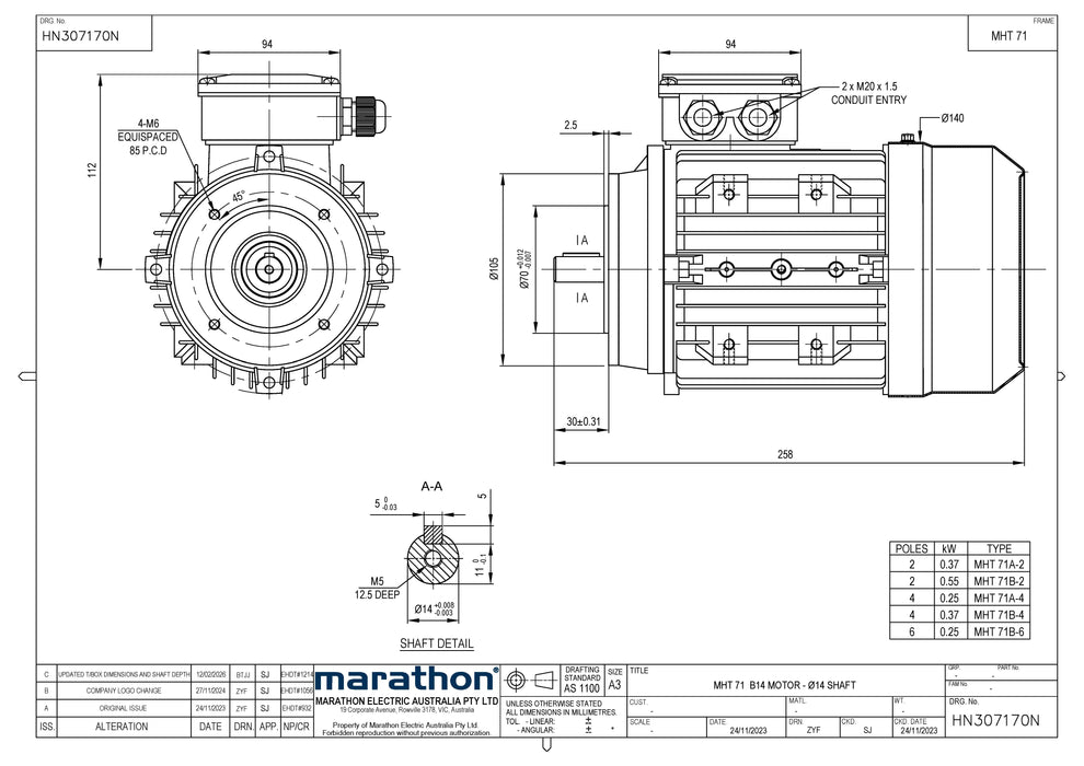 0.37KW CMG MARATHON MHT THREE PHASE 415V 2POLE (2900RPM) FOOT/B14A FLANGE MOUNT MOTOR