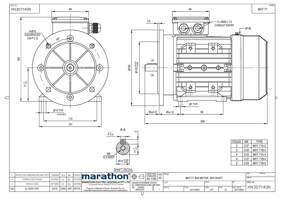 0.37KW CMG MARATHON MHT THREE PHASE 415V 2POLE (2900RPM) FOOT/FLANGE MOTOR