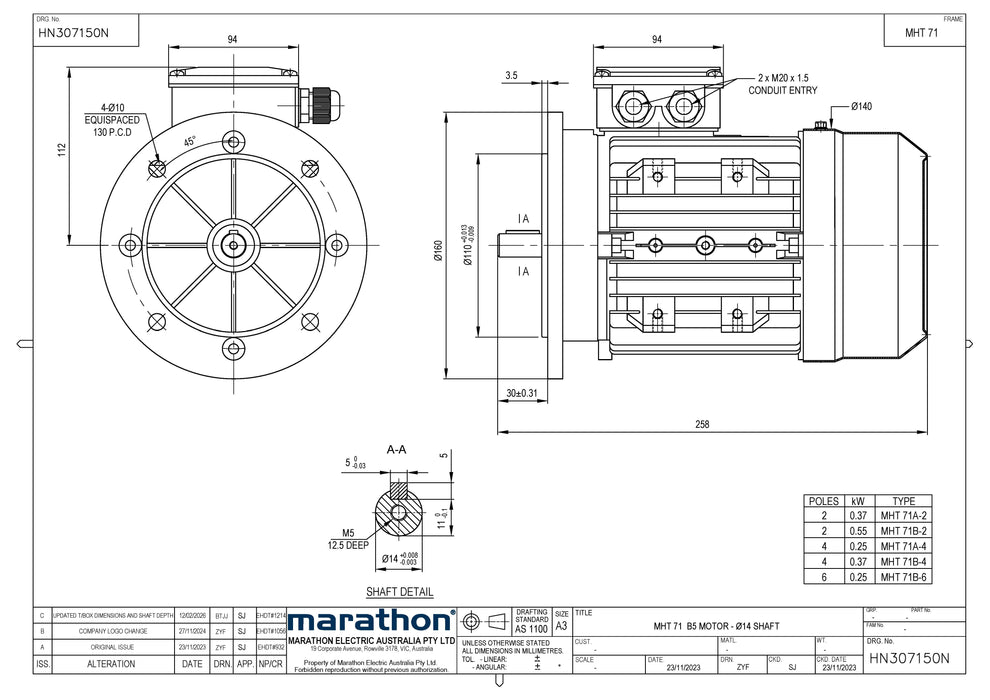 0.37KW CMG MARATHON MHT THREE PHASE 415V 2POLE (2900RPM) FLANGE MOUNT MOTOR