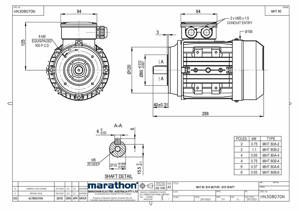 0.75KW CMG MARATHON MHT THREE PHASE 415V 2POLE (2900RPM) B14A FLANGE MOTOR
