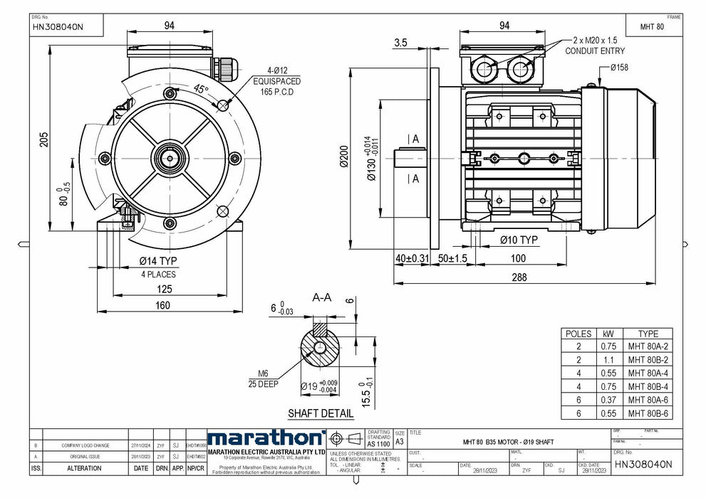 1.1KW CMG MARATHON MHT THREE PHASE 415V 2POLE (2900RPM) FOOT/FLANGE MOUNT MOTOR