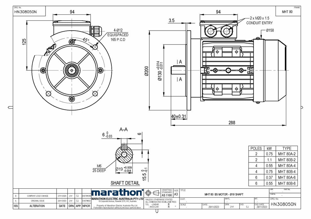 1.1KW CMG MARATHON MHT THREE PHASE 415V 2POLE (2900RPM) FLANGE MOUNT MOTOR