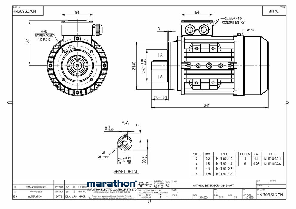 0.75KW CMG MARATHON MHT THREE PHASE 415V 6POLE (900RPM) FOOT/B14A FLANGE MOUNT MOTOR