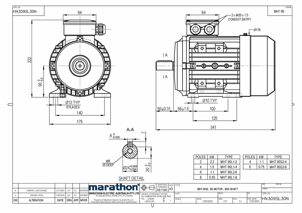 2.2KW CMG MARATHON MHT THREE PHASE 415V 2POLE (2900RPM) FOOT MOUNT MOTOR