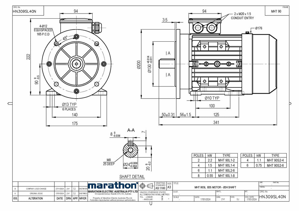 2.2KW CMG MARATHON MHT THREE PHASE 415V 2POLE (2900RPM) FOOT/FLANGE MOUNT MOTOR
