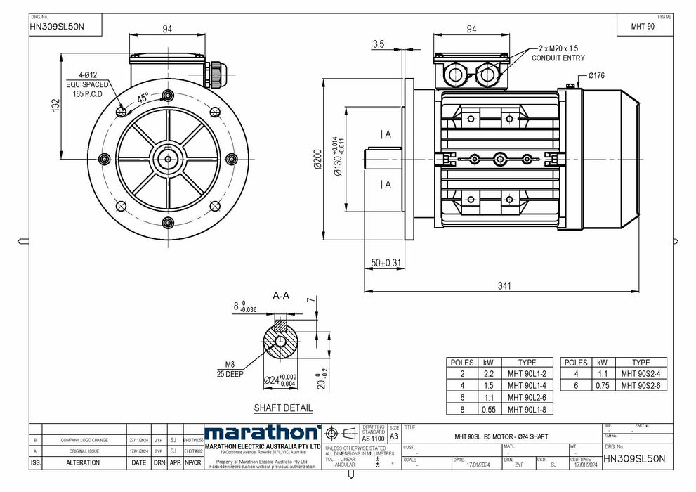 2.2KW CMG MARATHON MHT THREE PHASE 415V 2POLE (2900RPM) FLANGE MOUNT MOTOR