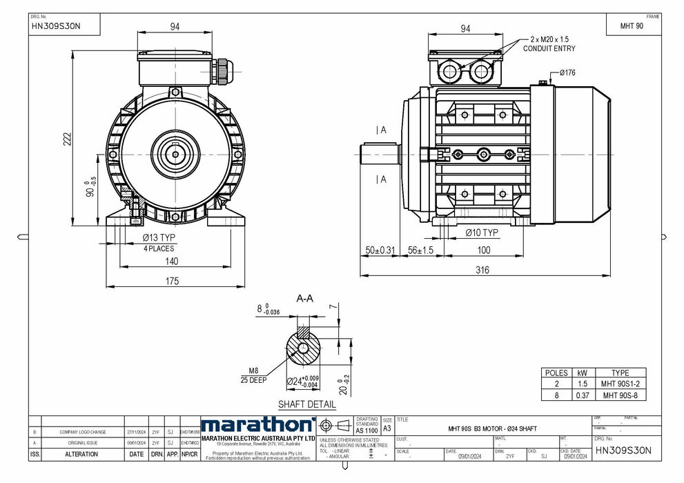 1.5KW CMG MARATHON MHT THREE PHASE 415V 2POLE (2900RPM) FOOT MOUNT MOTOR