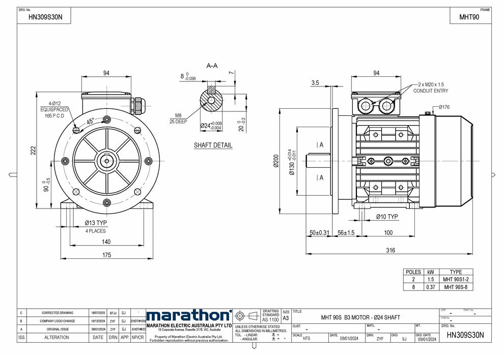 1.5KW CMG MARATHON MHT THREE PHASE 415V 2POLE (2900RPM) FOOT/FLANGE MOUNT MOTOR