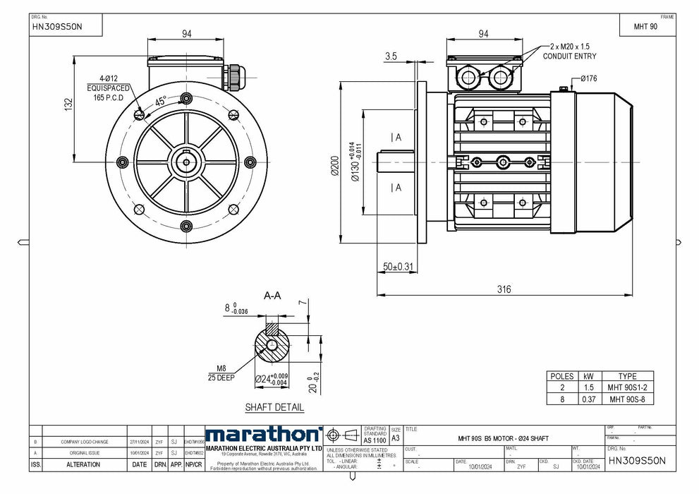 1.5KW CMG MARATHON MHT THREE PHASE 415V 2POLE (2900RPM) FLANGE MOUNT MOTOR