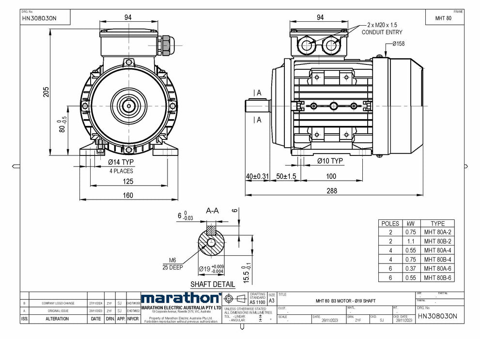 1.1KW CMG MARATHON MHT THREE PHASE 415V 2POLE (2900RPM) FOOT MOUNT MOTOR
