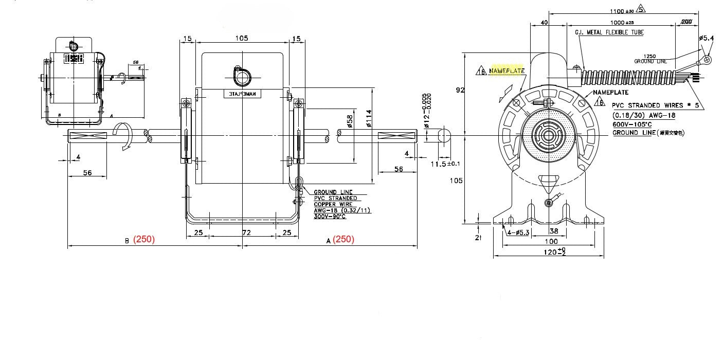 SINKO  HVAC 524H6MBWFE 42 FRAME DOUBLE SHAFT FAN MOTOR 240V 40W 4POLE (1400RPM) 3 SPEED